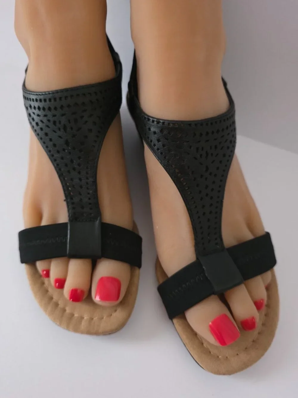 Alfani Step N Flex Black Perforated T-Strap Wedge Sandals, Size 5M